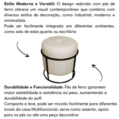 Puff Decorativo Redondo Para Sala Argola Ian Bege Preto Linho