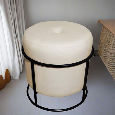 Puff Decorativo Redondo Para Sala Argola Ian Bege Preto Linho