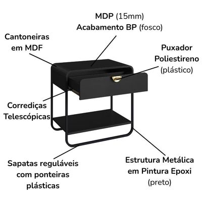 Mesa De Cabeceira 1 Gaveta Organica 60 Cm 28061 Artesano Nero Preto