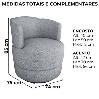 Poltrona Base Giratoria Marselha Linho Vancouver Milani Store Cinza