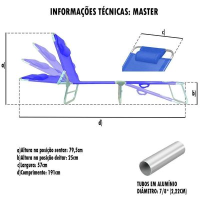 Cadeira Espreguiçadeira De Alumínio Master Cores Zaka Azul