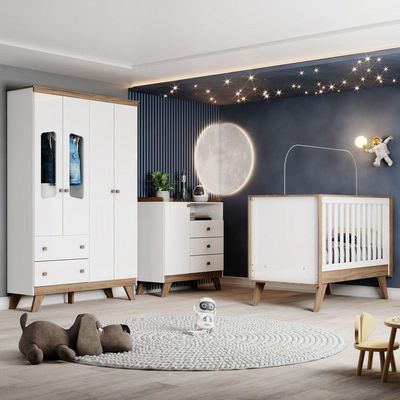 Quarto Bebê Guarda Roupa 4 Pts Cômoda Berço Aurora Casa 812 Branco Com Jequitibá Hp