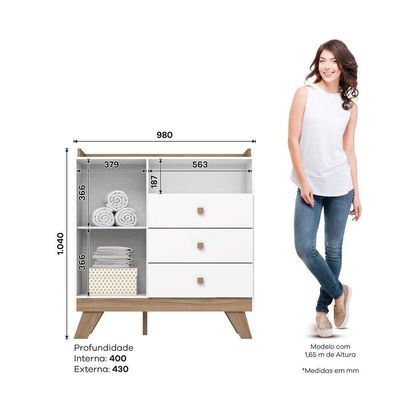 Quarto Bebê Guarda Roupa 4 Pts Cômoda Berço Aurora Casa 812 Branco Com Jequitibá Hp