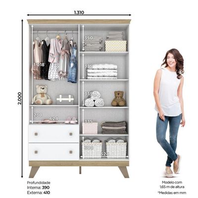 Quarto Bebê Guarda Roupa 4 Pts Cômoda Berço Aurora Casa 812 Branco Com Jequitibá Hp