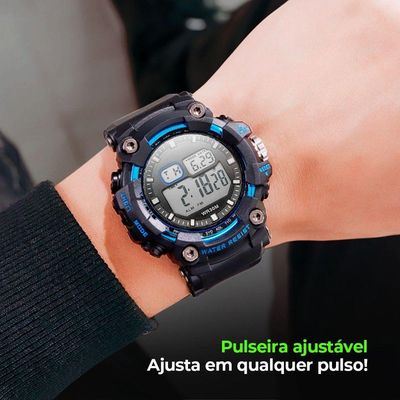 Relogio Digital Prova Dagua + Caixa + Oculos Sol Proteção Uv Esportivo Preto Original Alarme Data