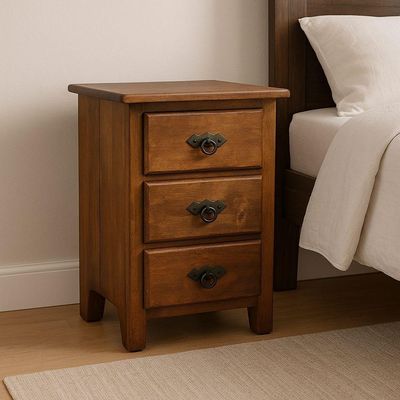 Mesa De Cabeceira Rústica De Madeira Com 3 Gavetas – 60cm De Altura