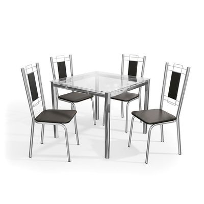 Conjunto Mesa Reno Tampo De Vidro Incolor Com 4 Cadeiras Cromada/preto