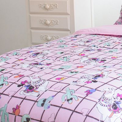 Edredom Portallar Solteiro Malha Misto 70% Algodão e 30% Poliéster Disney Minnie Lhama 1,50mx2,20m Rosa Prisma