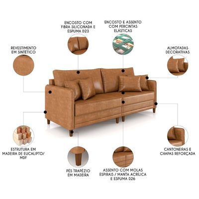 Sofá 4 Lugares Living 252cm Pé Madeira Zoe Sintético Camel Z08 - Mpozenato