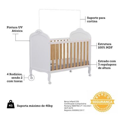 Berço Americano Elô 3 Em 1 Branco Brilho/amêndoa Com Colchão Supreme - Móveis Peroba