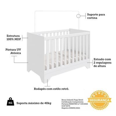 Berço Americano Popy Retrô 3 Em 1 Branco Brilho - Móveis Peroba