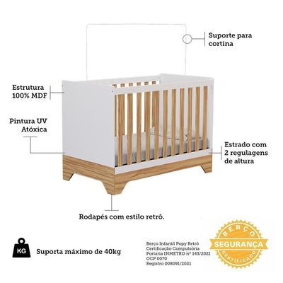 Berço Americano Popy Retrô 3 Em 1 Branco Brilho/amêndoa Com Colchão Supreme - Móveis Peroba