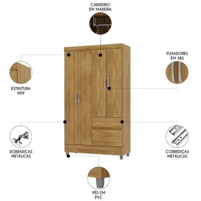 Guarda Roupa Solteiro 103cm Com 4 Portas Ideal Nature - Vila Rica