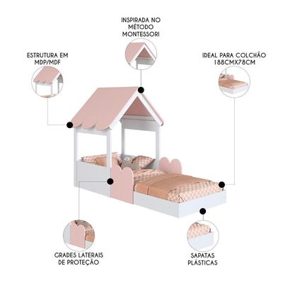 Cama Solteiro Infantil Montessoriana Casinha Nana Branco/rosa C06 - Mpozenato