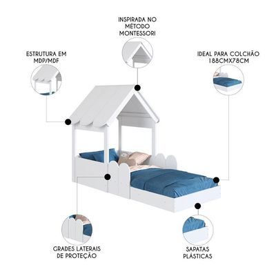 Cama Solteiro Infantil Montessoriana Casinha Nana Branco C06 - Mpozenato