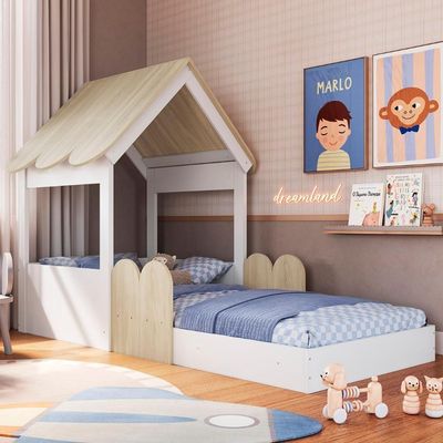 Cama Solteiro Infantil Montessoriana Casinha Nana Branco/carvalho C06 - Mpozenato