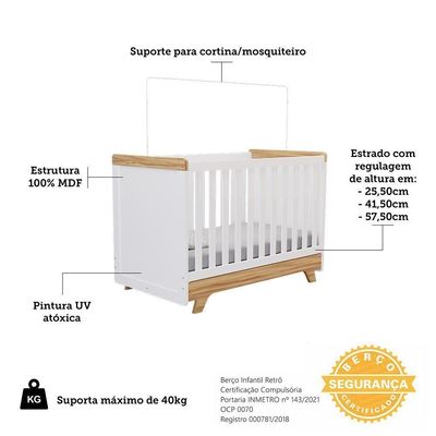 Berço Americano Retrô 2 Em 1 Branco Brilho/amêndoa Com Colchão Supreme - Móveis Peroba