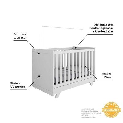 Berço Americano Retrô 2 Em 1 Branco Brilho Com Colchão Supreme - Móveis Peroba