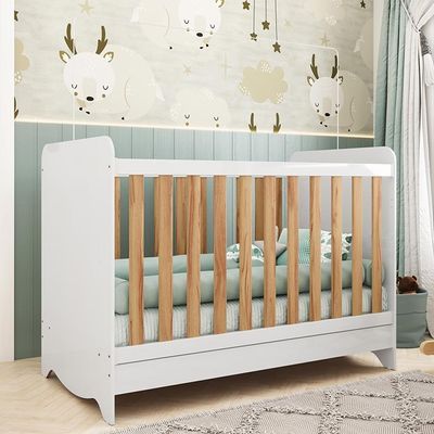 Berço Americano Ben 3 Em 1 Branco Brilho/amêndoa Com Colchão Baby Physical - Móveis Peroba