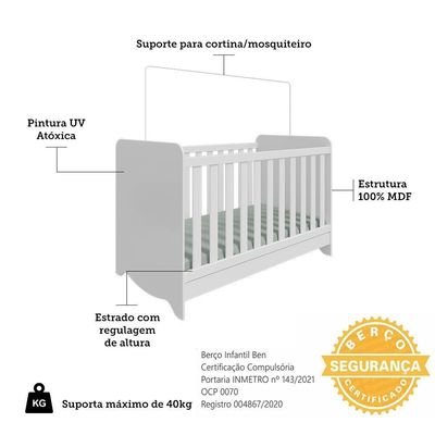 Berço Americano Ben 3 Em 1 Branco Brilho Com Colchão Baby Physical - Móveis Peroba