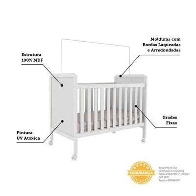 Berço Americano Cloe 2 Em 1 Branco Brilho Com Colchão Supreme - Móveis Peroba