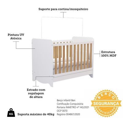 Berço Americano Ben 3 Em 1 Branco Brilho/amêndoa Com Colchão Supreme - Móveis Peroba