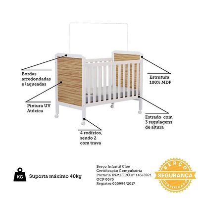 Berço Americano Cloe 2 Em 1 Branco Brilho/amêndoa Com Colchão Baby Physical - Móveis Peroba