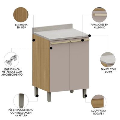 Balcão De Cozinha Com Tampo 60cm 2 Portas Freijó/cinammon L01 - Mpozenato