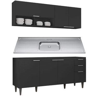 Armário De Cozinha Cp01 Com Pia 180cm Pérola Z34 Preto - Mpozenato