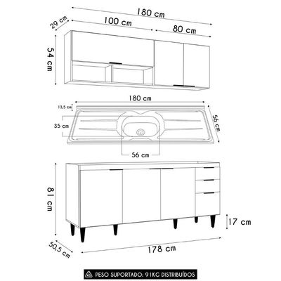 Armário De Cozinha Cp01 Com Pia 180cm Pérola Z34 Branco - Mpozenato