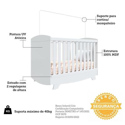 Berço Americano Cris Retrô 3 Em 1 Branco Brilho Com Colchão Baby Physical - Móveis Peroba