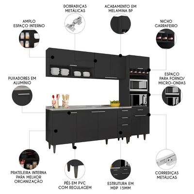 Armário De Cozinha Cp02 Com Pia 180cm Pérola Z34 Preto - Mpozenato