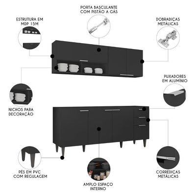 Armário De Cozinha Cp01 Para Pia 180cm Pérola Z34 Preto - Mpozenato