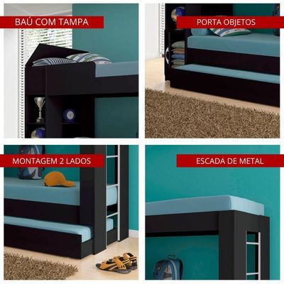 Beliche Ditália Cama Auxiliar Com Colchões + Kit Luz Cm-15 Preto