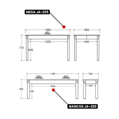 Mesa De Jantar Ditália 2 Bancos Ja-220 + Ja-225 Diamond