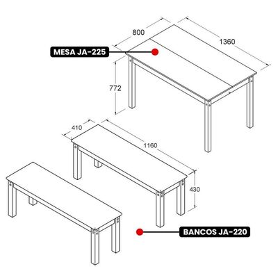 Mesa De Jantar Ditália 2 Bancos Ja-220 + Ja-225 Diamond