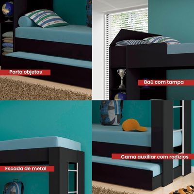 Beliche Cama Auxiliar Com 3 Colchões Ditália Treliche Cm-15 Preto