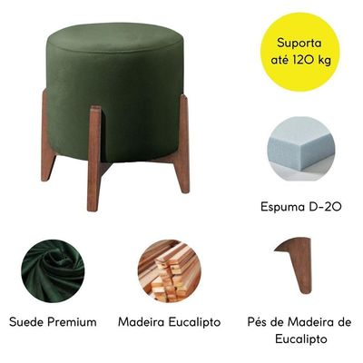 Puff Estofado Decorativo Redondo Sala De Estar Londres Suede Verde