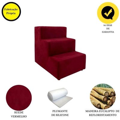 Escada Escadinha Pet Cachorro 3 Degraus Rampa Suede Grace Vermelho