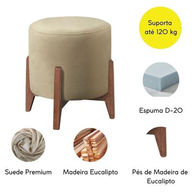 Puff Estofado Decorativo Redondo Sala De Estar Londres Suede Bege