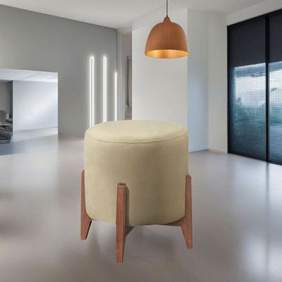 Puff Estofado Decorativo Redondo Sala De Estar Londres Suede Bege