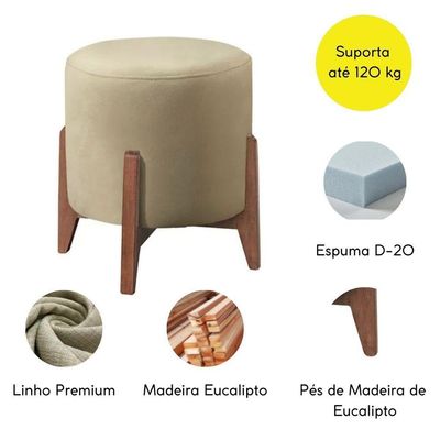 Puff Estofado Decorativo Sala Redondo Luxo Londres Linho Bege