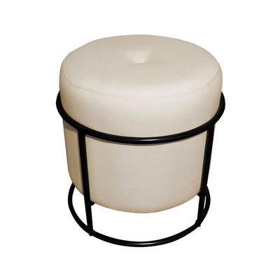 Puff De Ferro Decorativo Redondo Para Sala Argola Ariel Bege Preto Linho