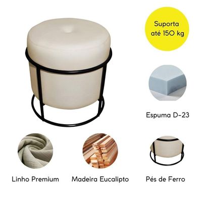 Puff De Ferro Decorativo Redondo Para Sala Argola Ariel Bege Preto Linho