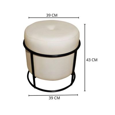 Puff De Ferro Decorativo Redondo Para Sala Argola Ariel Bege Preto Linho
