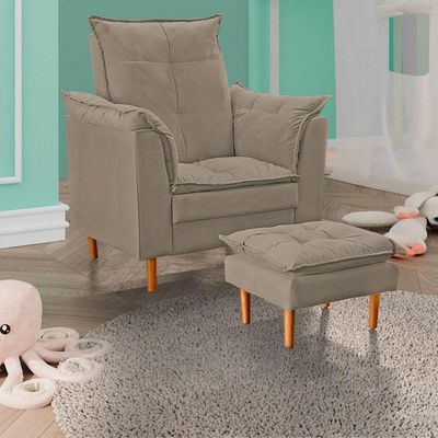 Poltrona De Amamentação Quarto De Bebê Com Puff Melina Suede Bege Escuro