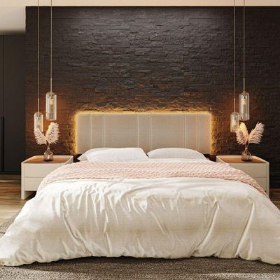 Cabeceira Estofada Cama Casal King Size Led Star 200 Cm Bivolt Linho Bege