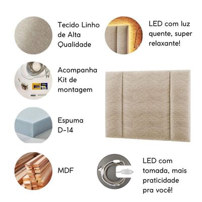 Cabeceira Estofada Iluminação Led Glow Cama Box Casal 140 Cm Linho Bege