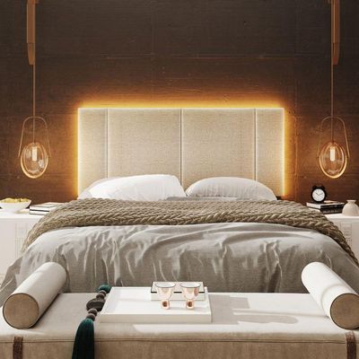 Cabeceira Estofada Iluminação Led Glow Cama Box Casal 140 Cm Linho Bege