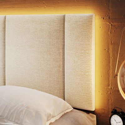 Cabeceira Estofada Iluminação Led Glow Cama Box Casal 140 Cm Linho Bege
